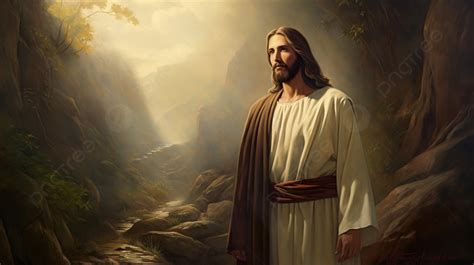 Jesus Is Standing In A Mountain Stream Background Large Picture Of