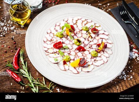 Octopus Carpaccio Spinach Cream Cherry Tomatoes Delicious Healthy