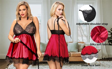 Ohmydear Plus Size Lingerie Silk Nighties For Women V Neck Satin