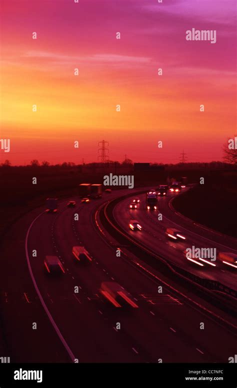 Headlight Trails Of Traffic Travelling On The A M Motorway At Sunrise