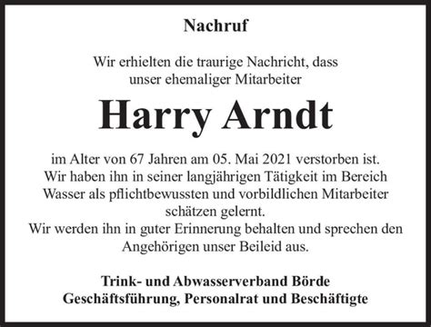 Traueranzeigen Von Harry Arndt Abschied Nehmen De