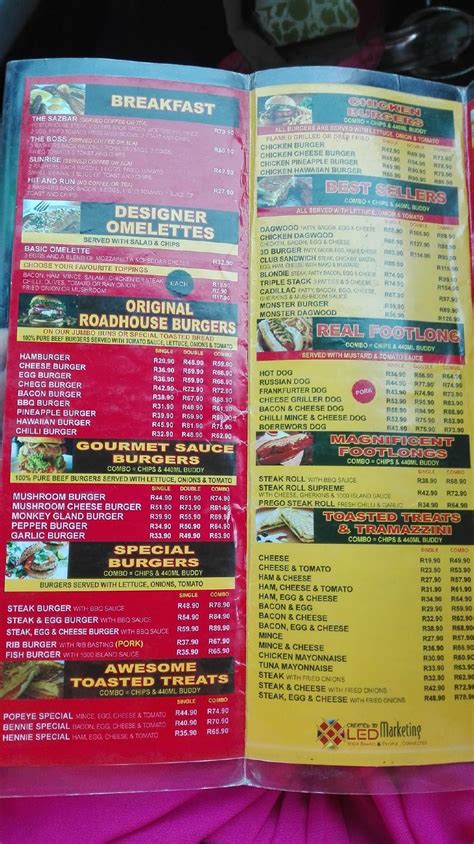 Menu At Sazbar Roadhouse Brakpan Brakpan