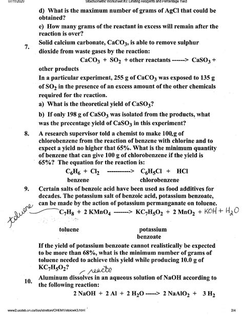 Solution Limiting Reagents And Percent Yield Worksheet Studypool