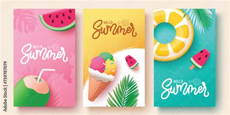 Summer Hello Greeting Text Vector Poster Set Hello Summer Greeting