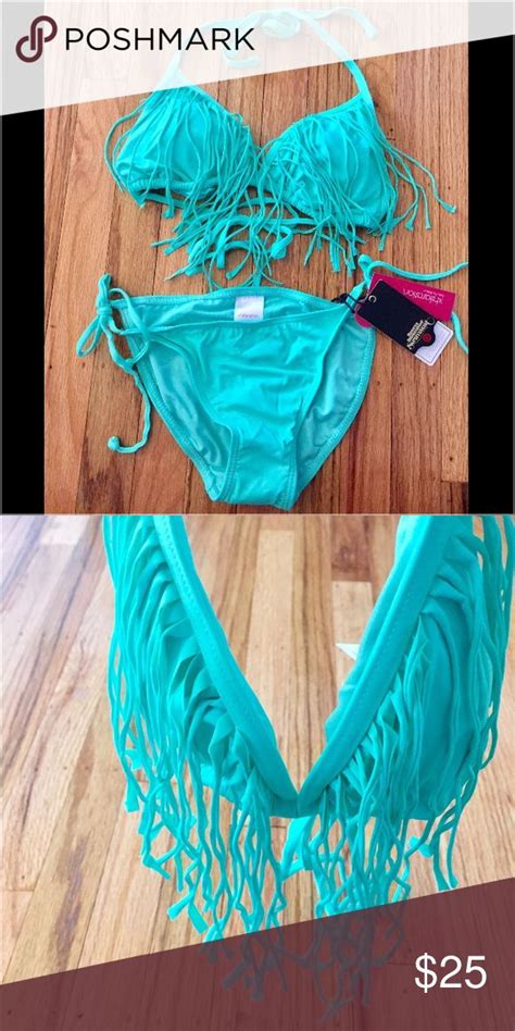 Nwt Xhilaration Aqua Fringe Bikini Xl Top M Bottom Bikinis Fringe