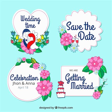 Pack De Etiquetas De Boda Con Flores Vector Gratis