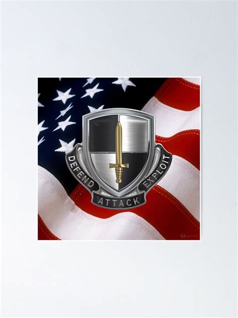 Us Army Cyber Corps Regimental Insignia Over American Flag Poster