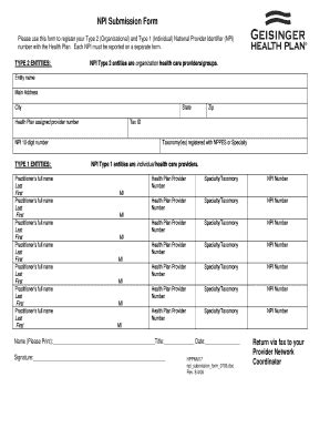 Fillable Online Npi Submission Form Geisinger Health Plan Fax Email