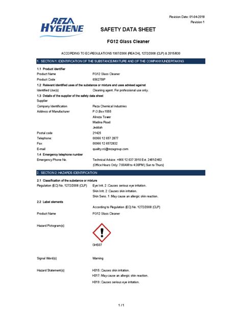 Safety Data Sheet Fg12 Glass Cleaner Download Free Pdf Toxicity Personal Protective Equipment