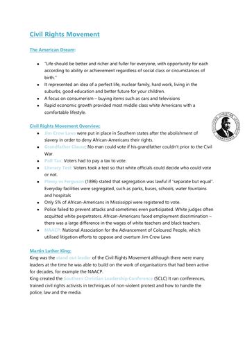 Civil Rights Movement Summary Notes Ks3 Teaching Resources