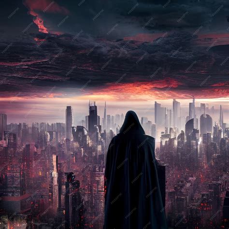 Premium Ai Image Batman Standing On A Ledge Overlooking A City At