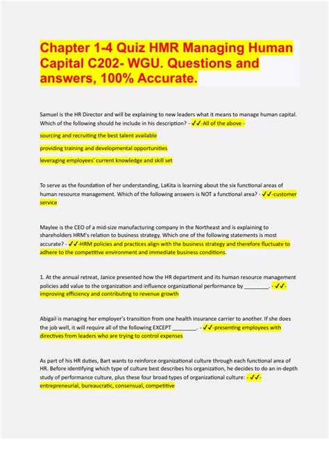 Chapter 1 4 Quiz HMR Managing Human Capital C202 WGU Questions And