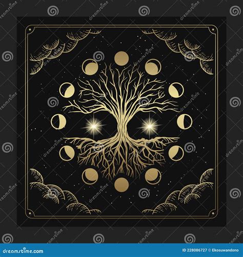 Magical Sacred Tree In Moon Phase Decoration With Engraving Hand Drawn Luxury Celestial