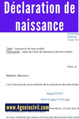 Exemplaire lettre déclaration de naissance