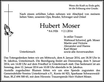 Traueranzeigen von Hubert Moser Schwarzwälder Bote Trauer