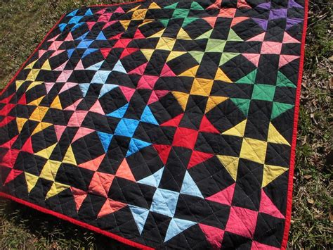 Amish Patchwork Quilt Shoofly Vivid Color On Black Hand