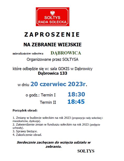 ZAPROSZENIE NA ZEBRANIE WIEJSKIE mieszkańców sołectwa DĄBROWICA