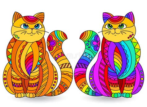 Stained Glass Illustration With Rainbow Cats Isolated Images On White Background Stock Vector