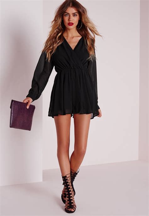 Missguided Longsleeve Keyhole Back Playsuit Black Black Playsuit