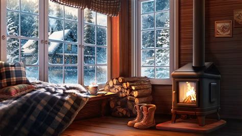 Relax In A Cozy Winter Cabin With Crackling Fireplace Sounds Snowfall