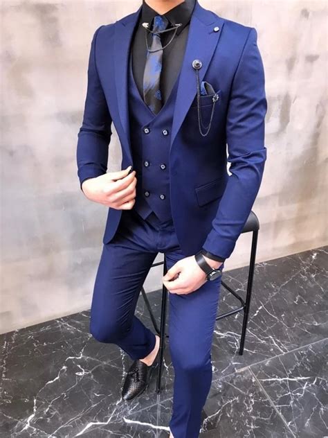 Brand New Men Suits Light Navy Blue Groom Tuxedos Peak Lapel Groomsmen