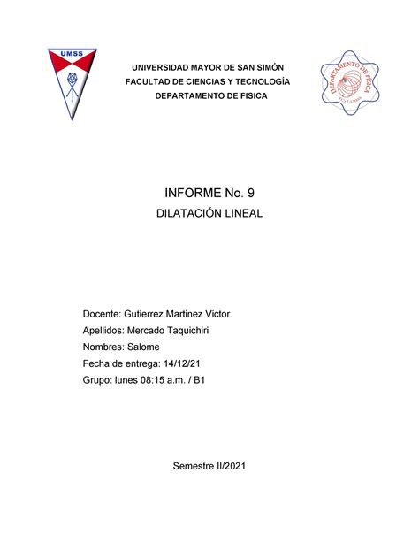 Informe nro 9 de laboratorio DILATACIÓN LINEAL UNIVERSIDAD MAYOR DE