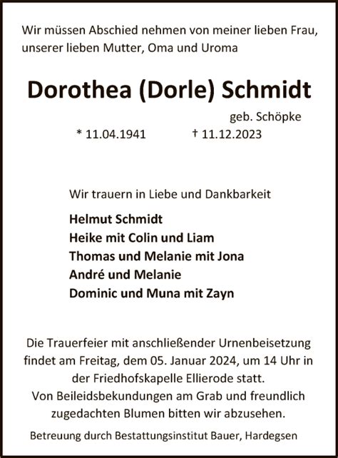 Traueranzeigen Von Dorothea Schmidt Trauer HNA De