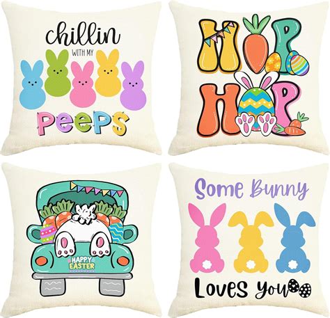 Sunboom Easter Pillow Covers 18x18 Set Of 4 Easter Decorations Throw Pillow Cases