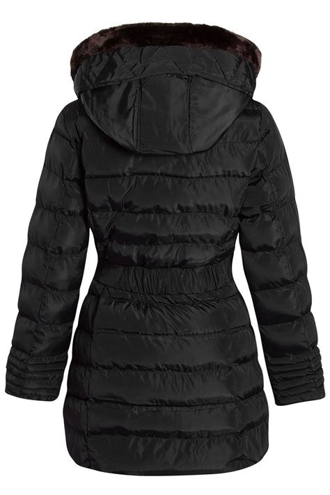 Womens Faux Fur Trim Hooded Quilted Padded Warm Long Belted Winter Coat