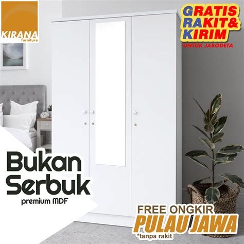 Jual Kirana Lemari Pakaian Kayu Wardrobe 3 Pintu Cermin Kaca Putih