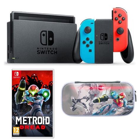 Nintendo Switch Azul Néon Vermelho Néon Metroid Dread Estojo Power