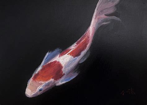 a painting of a red and white koi fish on black background with space ...