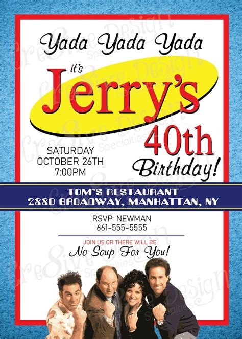 Seinfeld Sitcom Birthday Printable Invitation Digital File Etsy