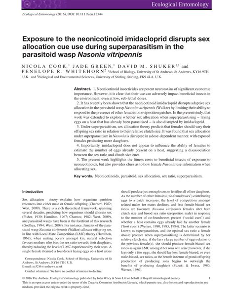 PDF Exposure To The Neonicotinoid Imidacloprid Disrupts Sex Allocation Cue Use During