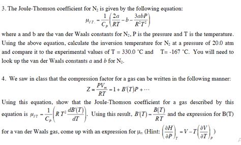 Solved The Joule Thomson Coefficient For N Is Given By Chegg