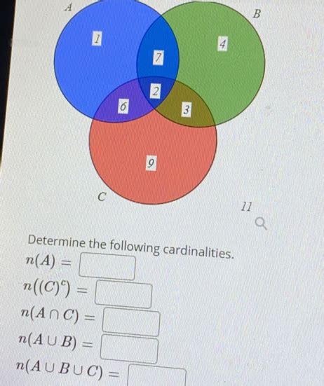 Solved: A Determine the following cardinalities. n(A)= n((C)^c)= n(A∩ C ...