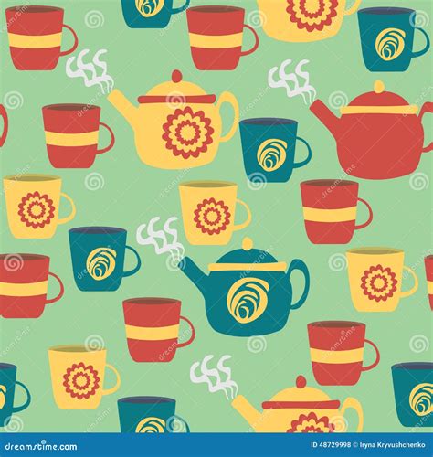 Seamless Pattern For Kitchen Teapots And Cups Stock Vector