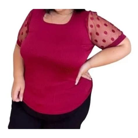 Blusa Plus Size Barata Blusinha Canelada Manga Princesa Tule Po