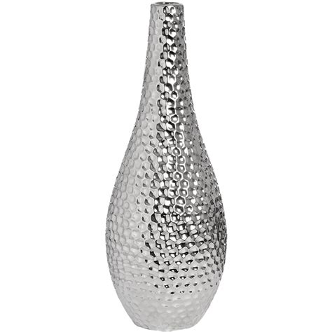 Tall Silver Bottle Neck Ceramic Vase With Dimple Efftect