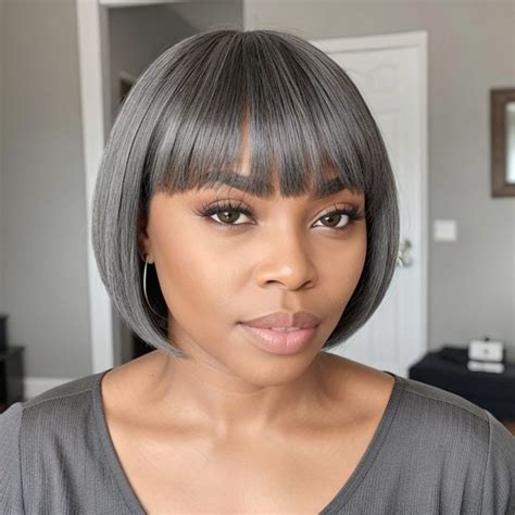 Salt Pepper Glueless Bob Wig With Bangs Human Hair Human Hair