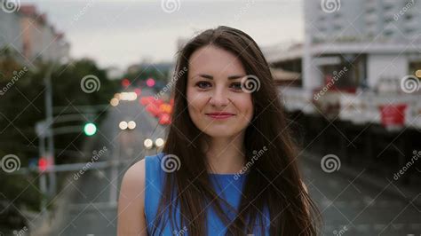 Wind Blows Long Dark Hair Beautiful Young Women Happy Smiling Girl