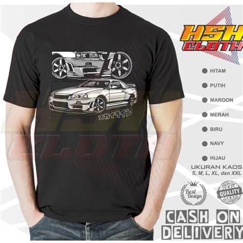 Jual Kaos Mobil Nissan GTR R34 Siluet JDM Car Authentic Kaos Otomotif