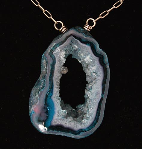 Druzy Agate Geode Slice Pendant NecklaceBlue Sapphire Neon