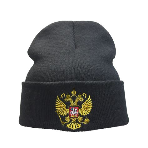 Warm Knitted Beanie Hat Russian National Emblem Brand Winter Hat For