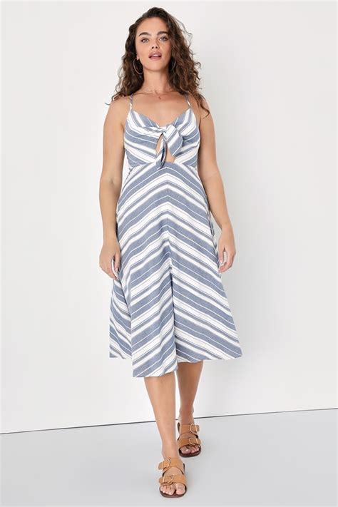 Tie Front Dress Blue And White Striped Dress Midi Sundress Lulus