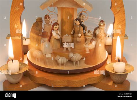 Traditional German Wooden Nativity Candle Holder From Erzgebirge Stock