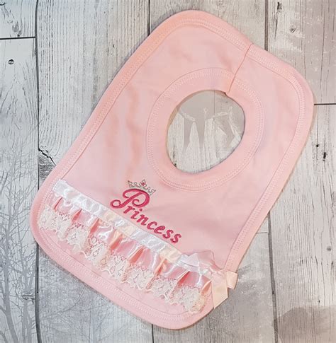 Baby Girls Fancy Pink Princess Bib With Embroidery Ribbon And Lace