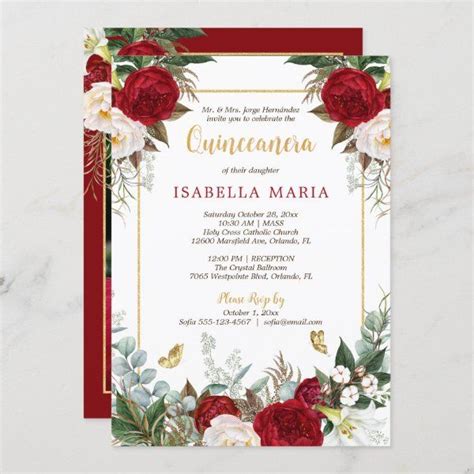 Elegant Modern Red Floral With Photo Quinceanera Invitation Photo