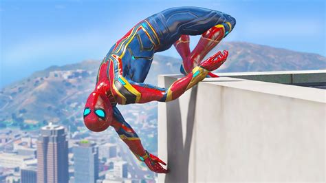 GTA 5 Iron Spider Man Falling Off Highest Buildings Crazy Jumps Stunt