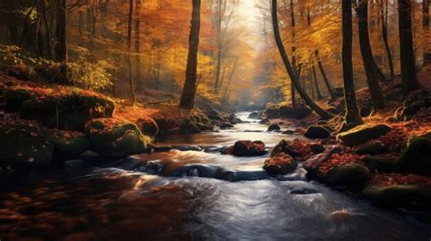 Premium AI Image | a river in the forest with autumn leaves